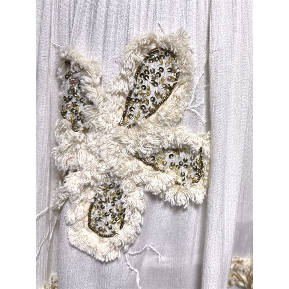 POL Boho Embroidered Mini Dress Smocked Waist Floral Tassel Tie Ivory Cream NEW - Picture 16 of 16